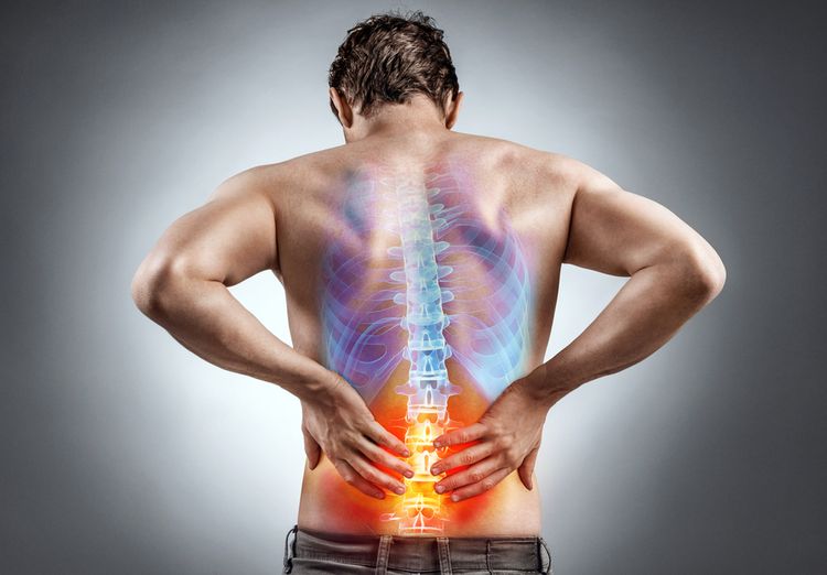 man holding his back, bright colors indicating lower back pain, live pain-free in 2024
